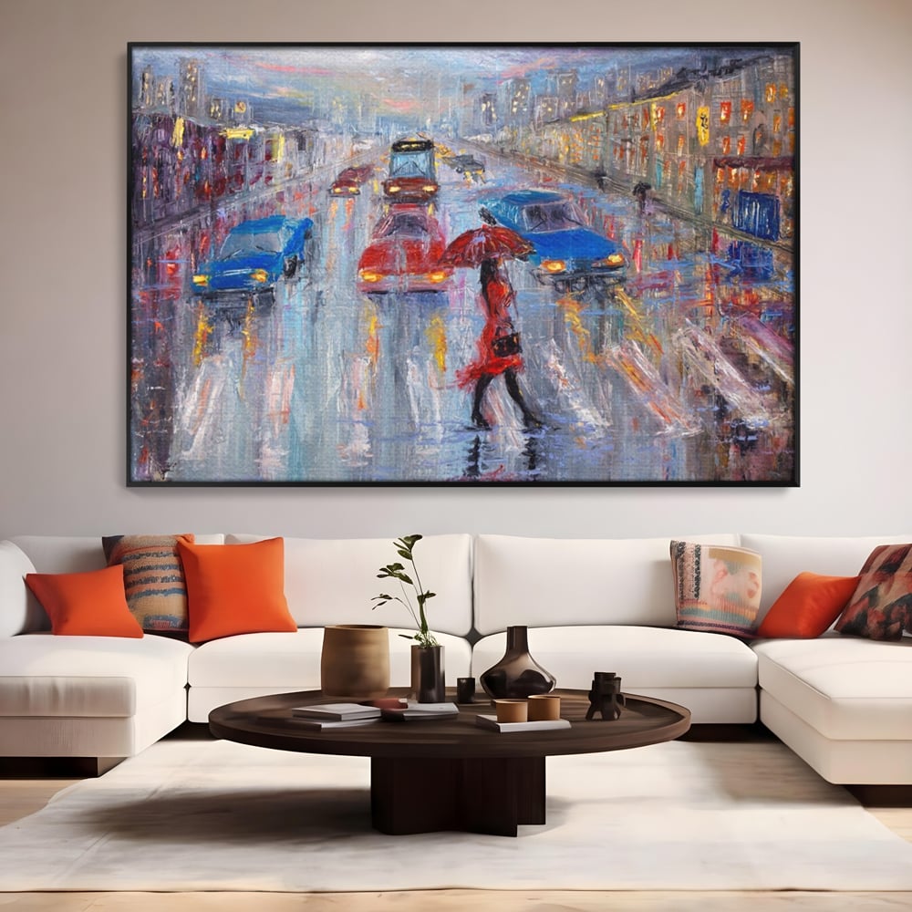 Tablou canvas cu tablou canvas cu oras in ploaie, in rama de aluminiu negru, pe perete intr-un living